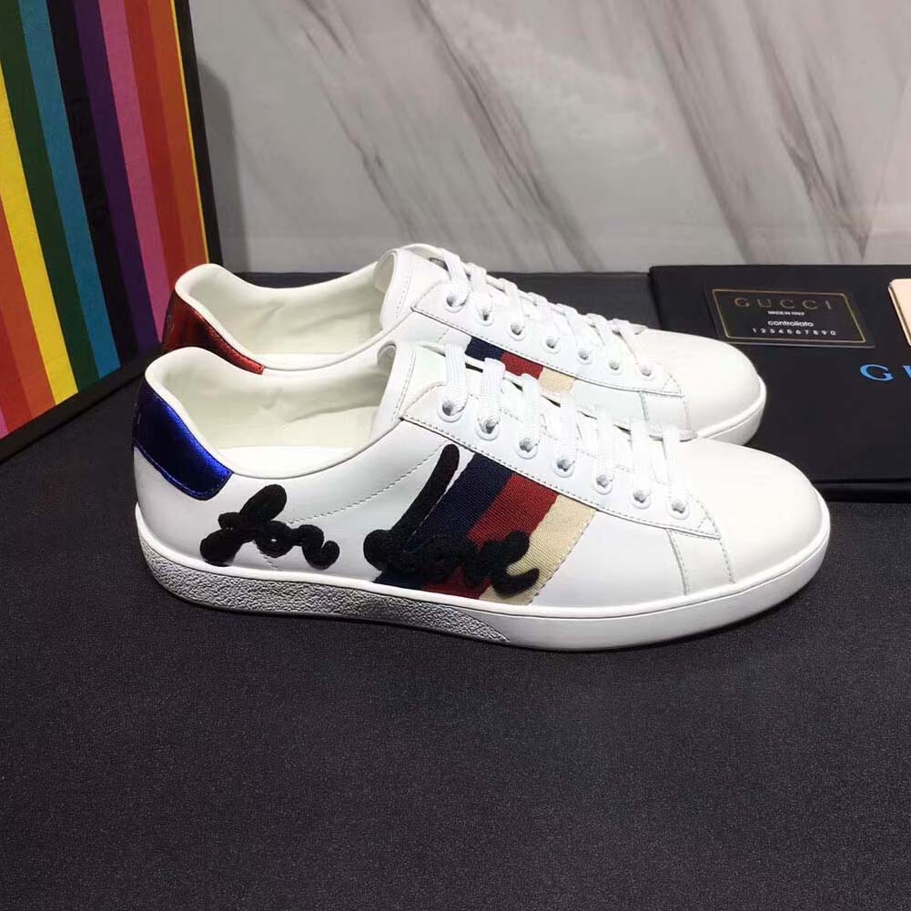 1:1 Authentic Dupe Gucci Men Ace Embroidered Sneaker Shoes in Leather with Sylvie Web-White - Image 1