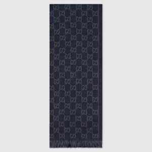 Gucci Men GG Jacquard Pattern Knit Scarf with Fringe