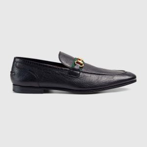 Gucci Men Horsebit Leather Loafer with Web Shoes Black