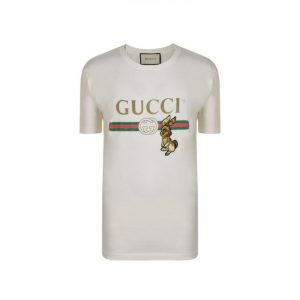 Gucci Men Oversize T-Shirt with Gucci Logo and Rabbit-Beige