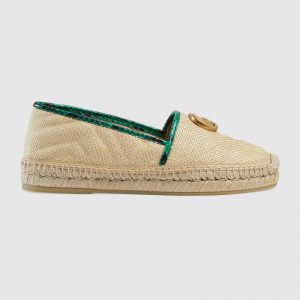 Gucci Women Chevron Raffia Espadrille with Double G-Green