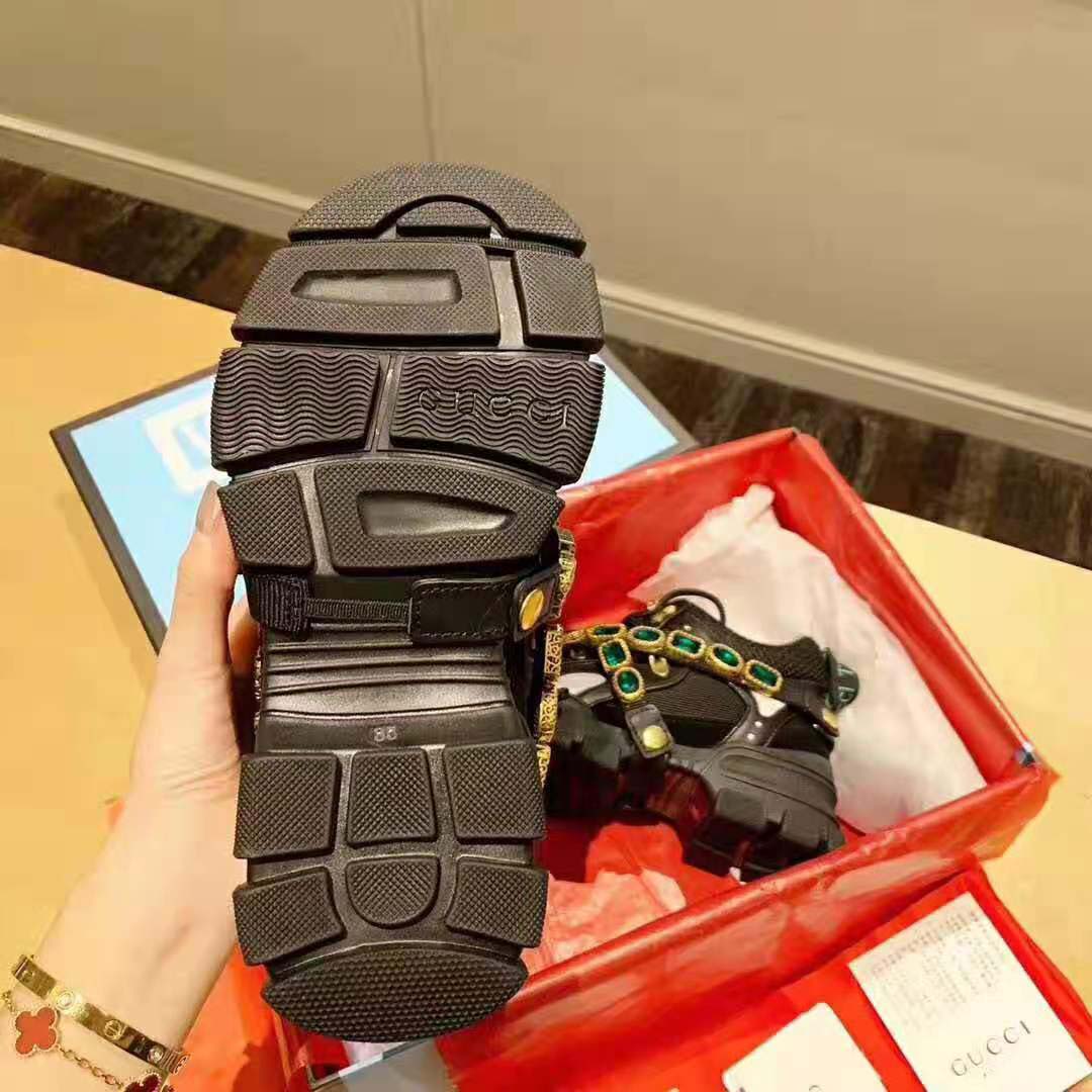 Best Fake Gucci Women Flashtrek Sneaker with Removable Crystals 5.6cm Height-Black - Image 10