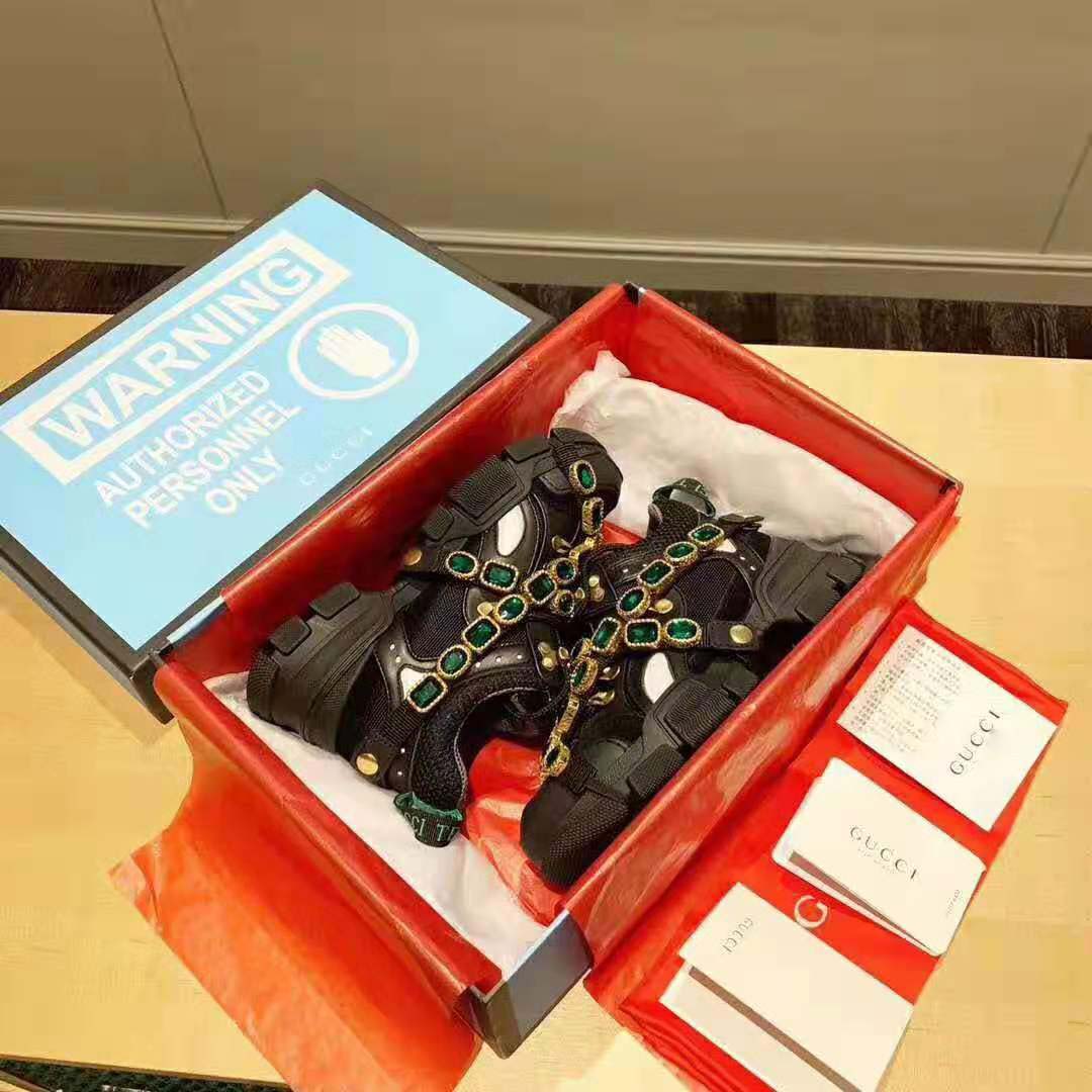 Best Fake Gucci Women Flashtrek Sneaker with Removable Crystals 5.6cm Height-Black - Image 7