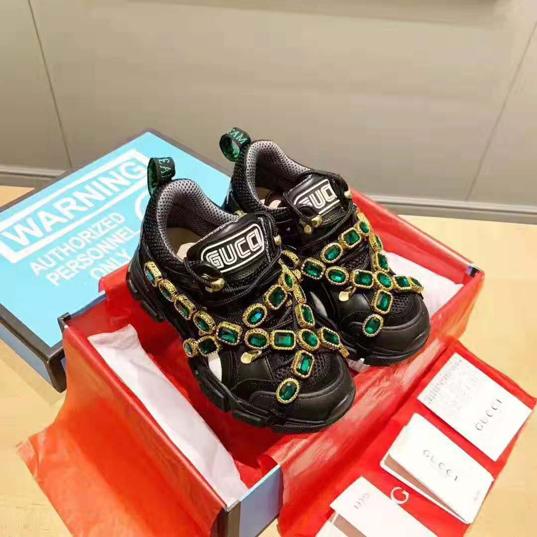 Best Fake Gucci Women Flashtrek Sneaker with Removable Crystals 5.6cm Height-Black - Image 3