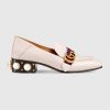 Gucci Women Leather Mid-Heel Loafer with Blue and Red Web-White
