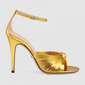Gucci Women Metallic Leather Sandal in 10.4cm Heel Height-Gold