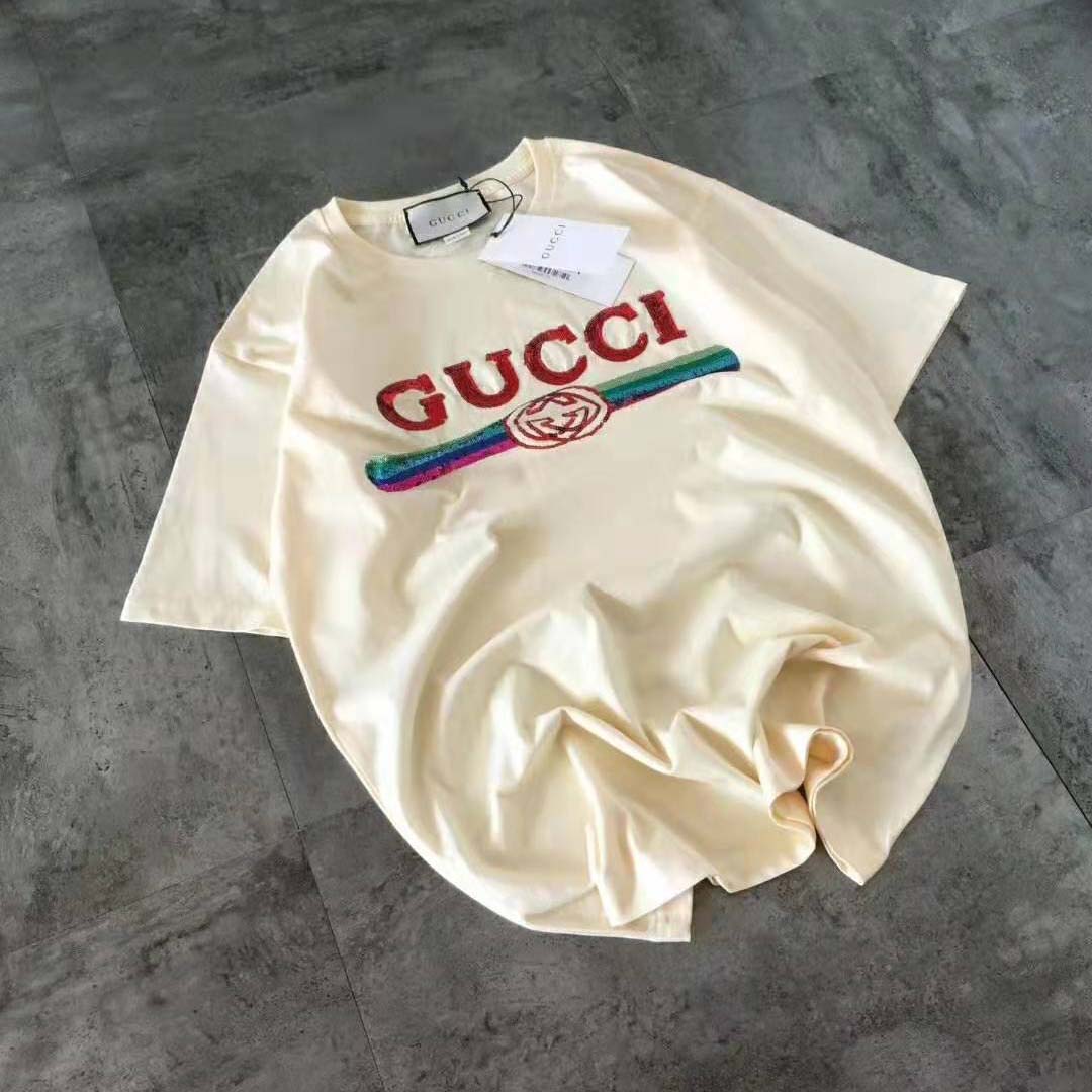 Gucci Women Oversize T-Shirt Dupe with Sequin Gucci Logo-White - Image 2