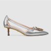 Gucci Women Shoes Metallic Leather Pump with Crystal Double G 50mm Heel-Silver