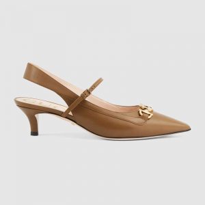 Gucci Women Zumi Leather Low-Heel Slingback Pump 4.6cm Height-Brown