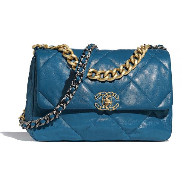 Chanel Women 19 Large Flap Bag in Goatskin Leather-Blue (1)