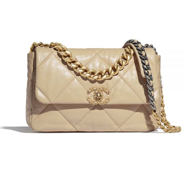 Chanel Women Chanel 19 Large Flap Bag in Goatskin Leather-Beige (1)