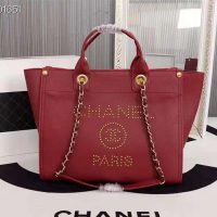 Chanel Women Chanel’s Large Tote Shopping Bag in Grained Calfskin Leather-Red (1)