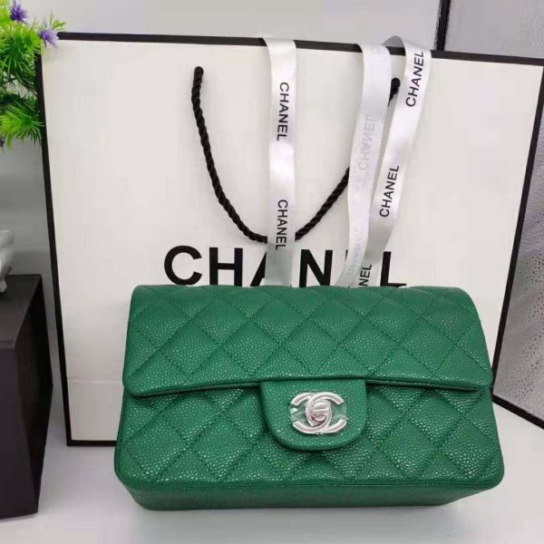 Chanel Women Classic Handbag in Lambskin Leather-Green (16)