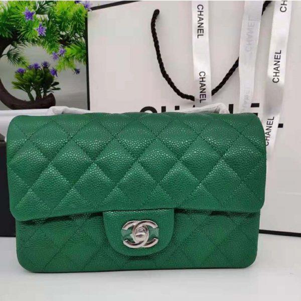 Chanel Women Classic Handbag in Lambskin Leather-Green (9)