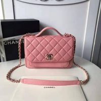 Chanel Women Flap Bag with Top Handle in Grained Calfskin Leather-Pink (1)