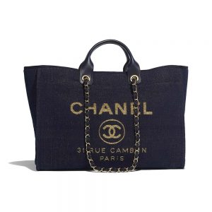 Chanel Women Large Shopping Bag in Mixed Fibers and Lurex Canvas-Navy