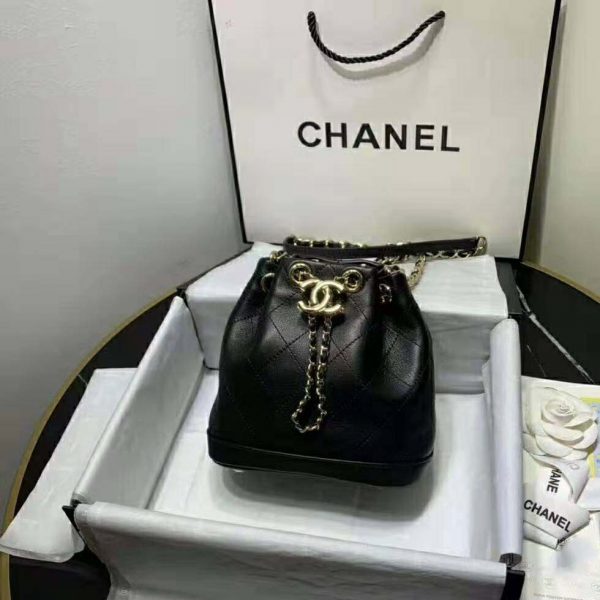 Chanel Women Small Drawstring Bag in Calfskin Leather-Black (2)
