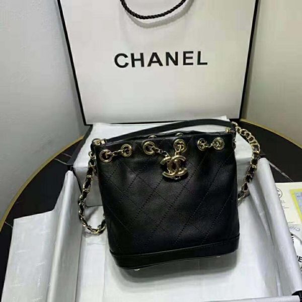 Chanel Women Small Drawstring Bag in Calfskin Leather-Black (9)