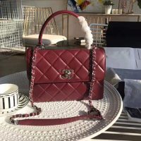 Chanel Women Small Flap Bag with Top Handle in Lambskin Leather-Maroon (1)