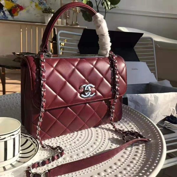 Chanel Women Small Flap Bag with Top Handle in Lambskin Leather-Maroon (4)