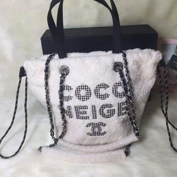 Chanel Women Small Shopping Bag in Shearling Sheepskin Leather-White (4)