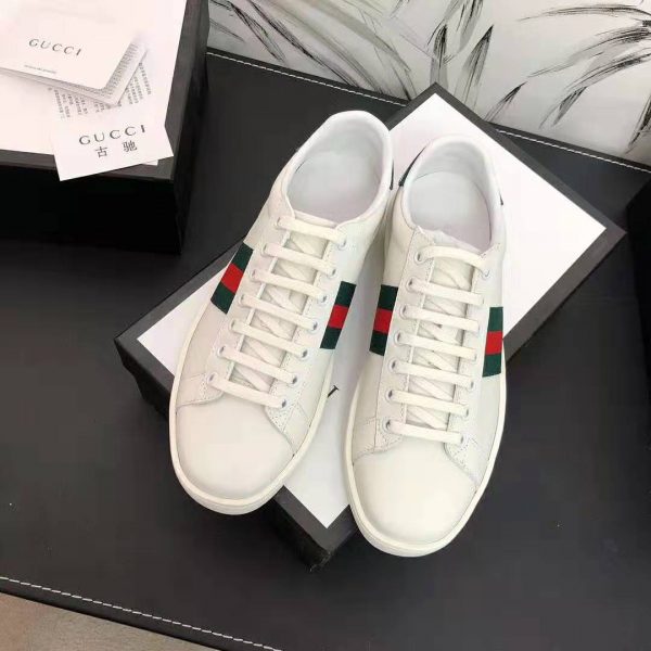 Gucci Unisex Ace Leather Sneaker White Leather with Green Crocodile Detail (2)