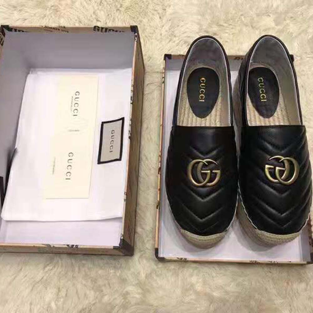 Replica Gucci Women Chevron Leather Espadrille with Double G in 5.1 cm Height-Black - Image 2