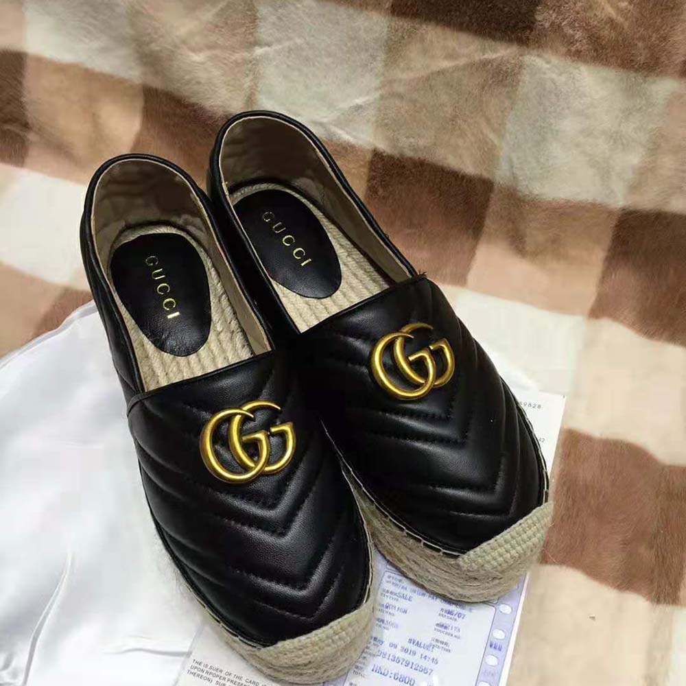 Replica Gucci Women Chevron Leather Espadrille with Double G in 5.1 cm Height-Black - Image 4