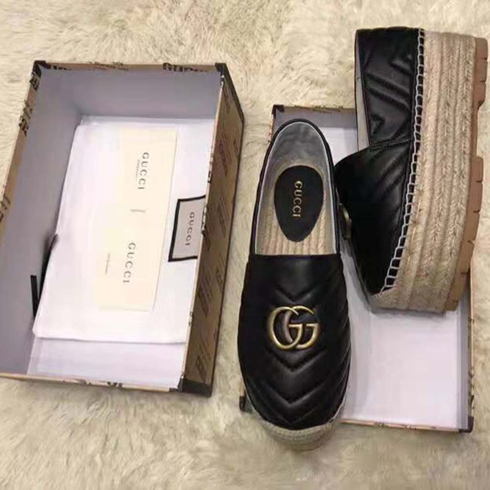Replica Gucci Women Chevron Leather Espadrille with Double G in 5.1 cm Height-Black - Image 3