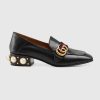 Gucci Women Leather Mid-Heel Loafer with Blue and Red Web-Black