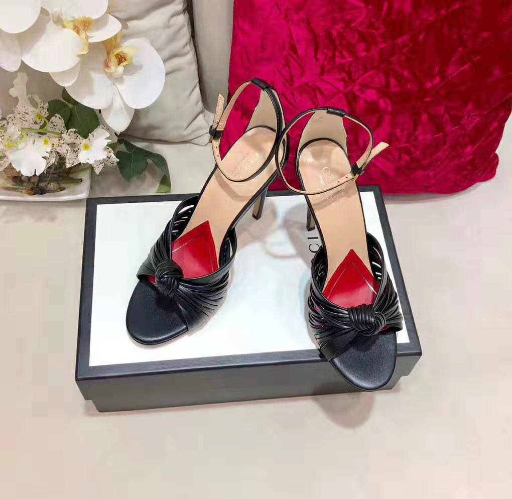 Gucci Affordable Dupe Women Metallic Leather Sandal in 10.4cm Heel Height-Black - Image 5