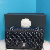 Chanel Women CF Flap Bag in Diamond Pattern Patent Calfskin Leather-Black