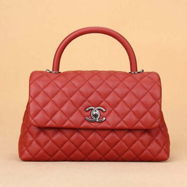 Chanel Women Flap Bag with Top Handle in Grained Calfskin Leather-Red (5)
