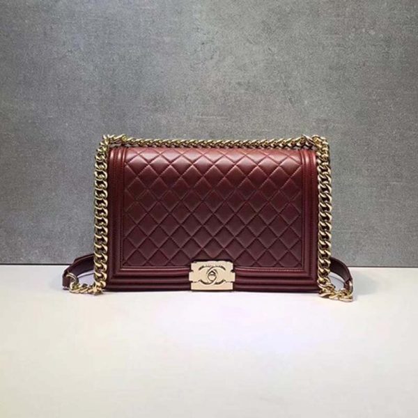 Chanel Women Large Leboy Flap Bag with Chain in Goatskin Leather-Maroon (7)