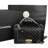 Chanel Women Leboy Flap Bag in Diamond Pattern Calfskin Leather with Top Handle-Black