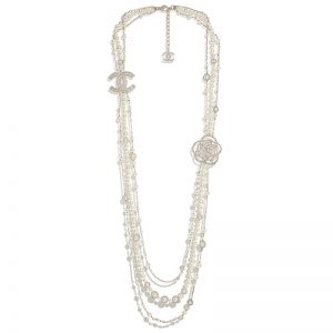 Chanel Women Long Necklace in Metal Glass Pearls & Diamantés-White