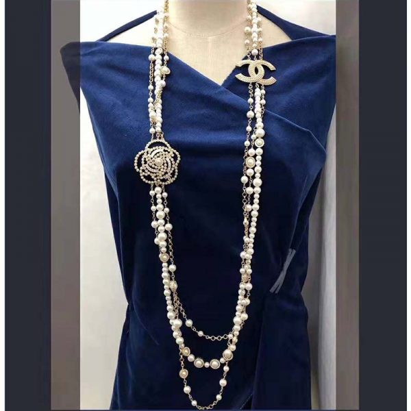 Chanel Women Long Necklace in Metal Glass Pearls & Diamantés-White (3)