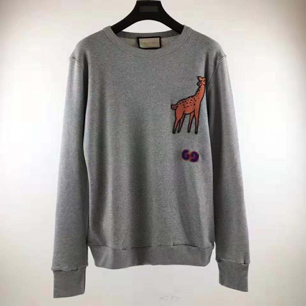 Gucci Men Hooded Sweatshirt with Deer Patch in 100% Cotton-Grey (2)