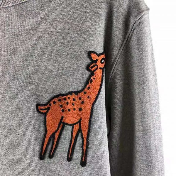 Gucci Men Hooded Sweatshirt with Deer Patch in 100% Cotton-Grey (5)