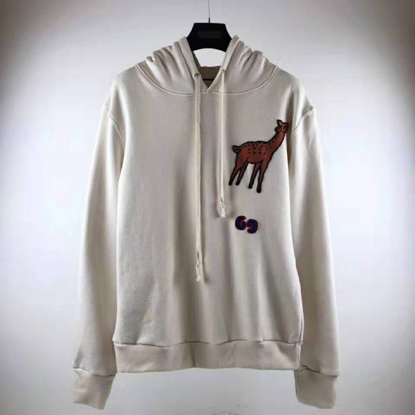 Gucci Men Hooded Sweatshirt with Deer Patch in 100% Cotton-White (6)