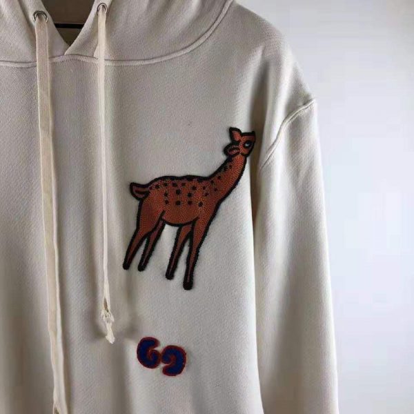 Gucci Men Hooded Sweatshirt with Deer Patch in 100% Cotton-White (9)