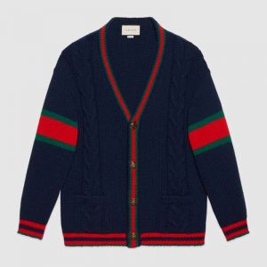 Gucci Men Oversize Cable Knit Cardigan Sweater-Navy
