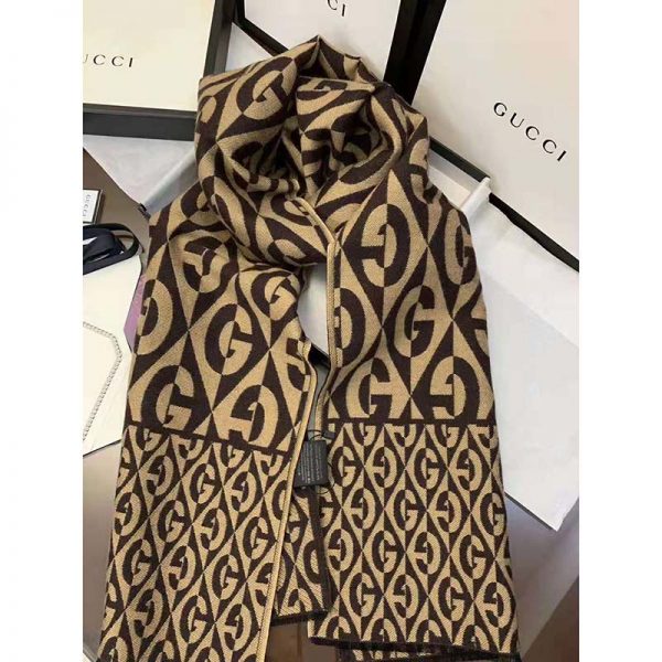 Gucci Unisex G Rhombus Jacquard Scarf in Wool and Cotton-Brown (7)