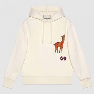 Gucci Unisex Hooded Sweatshirt with Deer Patch in 100% Cotton-White