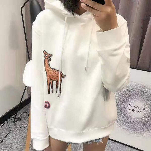 Gucci Women Hooded Sweatshirt with Deer Patch in 100% Cotton-White (2)