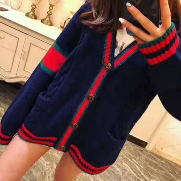 Gucci Women Oversize Cable Knit Cardigan Sweater-Navy (14)