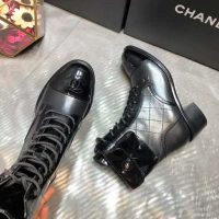 Chanel Women Patent Calfskin & Crumpled Calfskin Ankle Boots-Black (1)