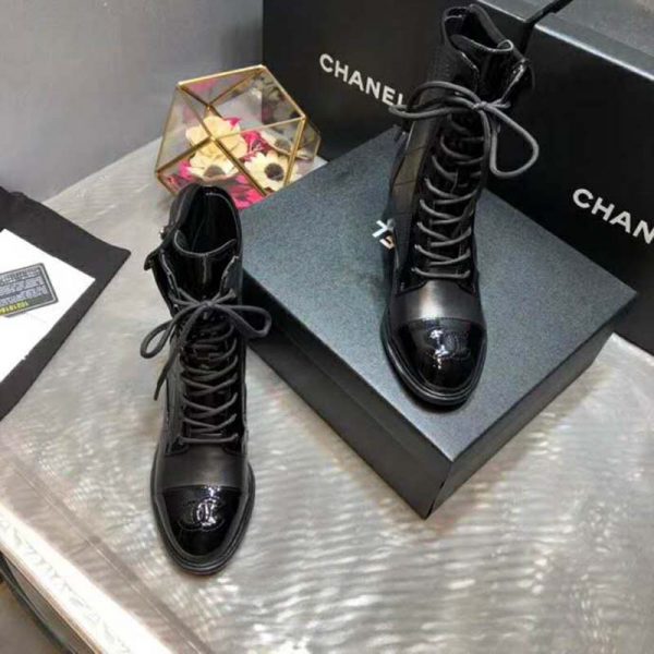 Chanel Women Patent Calfskin & Crumpled Calfskin Ankle Boots-Black (4)