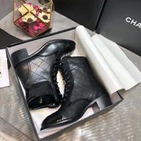 Chanel Women Patent Calfskin & Crumpled Calfskin Ankle Boots-Black (1)