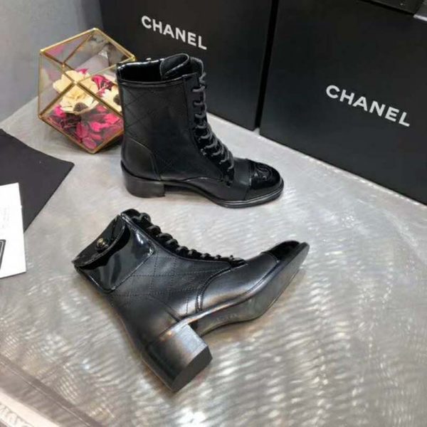 Chanel Women Patent Calfskin & Crumpled Calfskin Ankle Boots-Black (9)